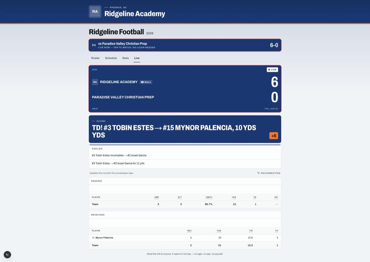 A live box score on the school sports platform